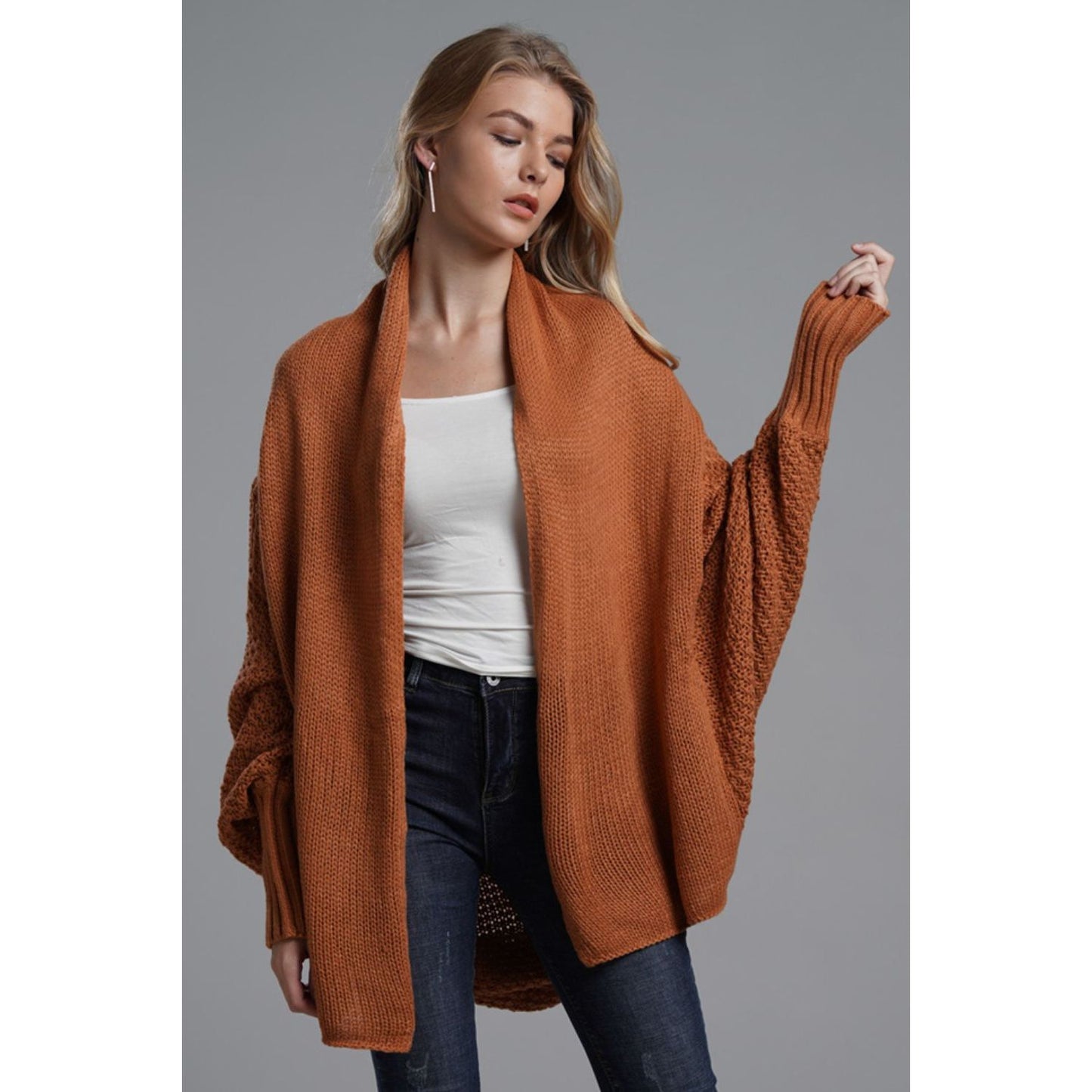 DOUBLE TAKE  Dolman Sleeve Open Front Ribbed Trim Longline Cardigan