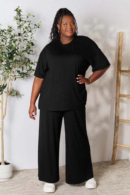 DOUBLE TAKE Full Size Round Neck Slit Top and Wide-leg Pants Lounge Set