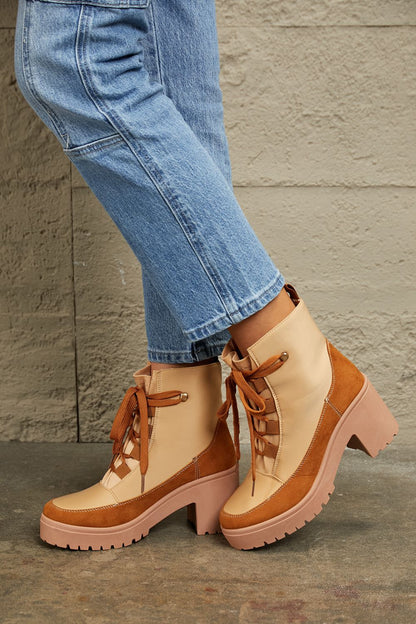 EAST LION CORP Tan Lace-Up Lug Ankle Booties