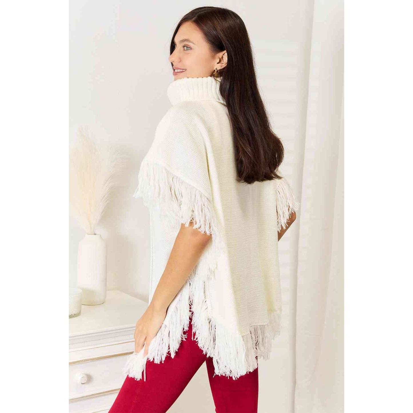 Justin Taylor Turtle Neck Fringe Poncho