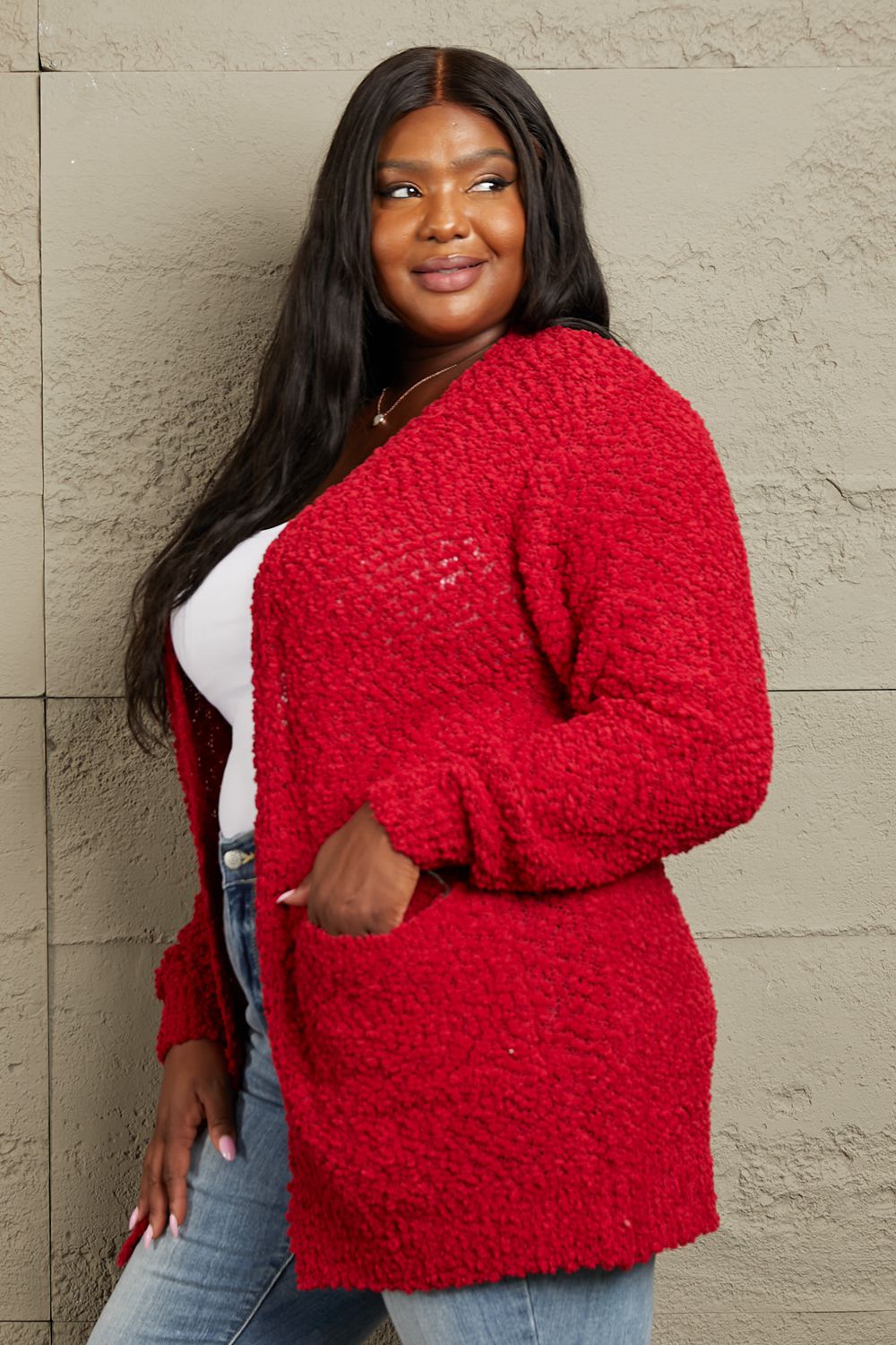 ZENANA Falling For You Full Size Open Front Popcorn Cardigan