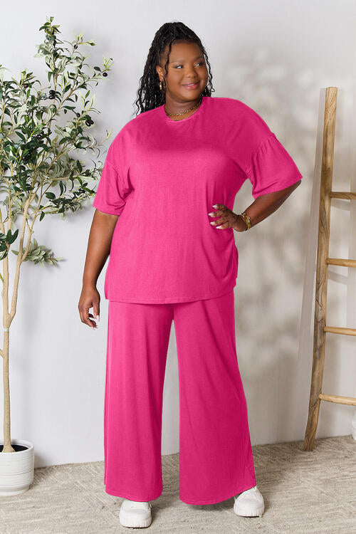 DOUBLE TAKE Full Size Round Neck Slit Top and Wide-leg Pants Lounge Set