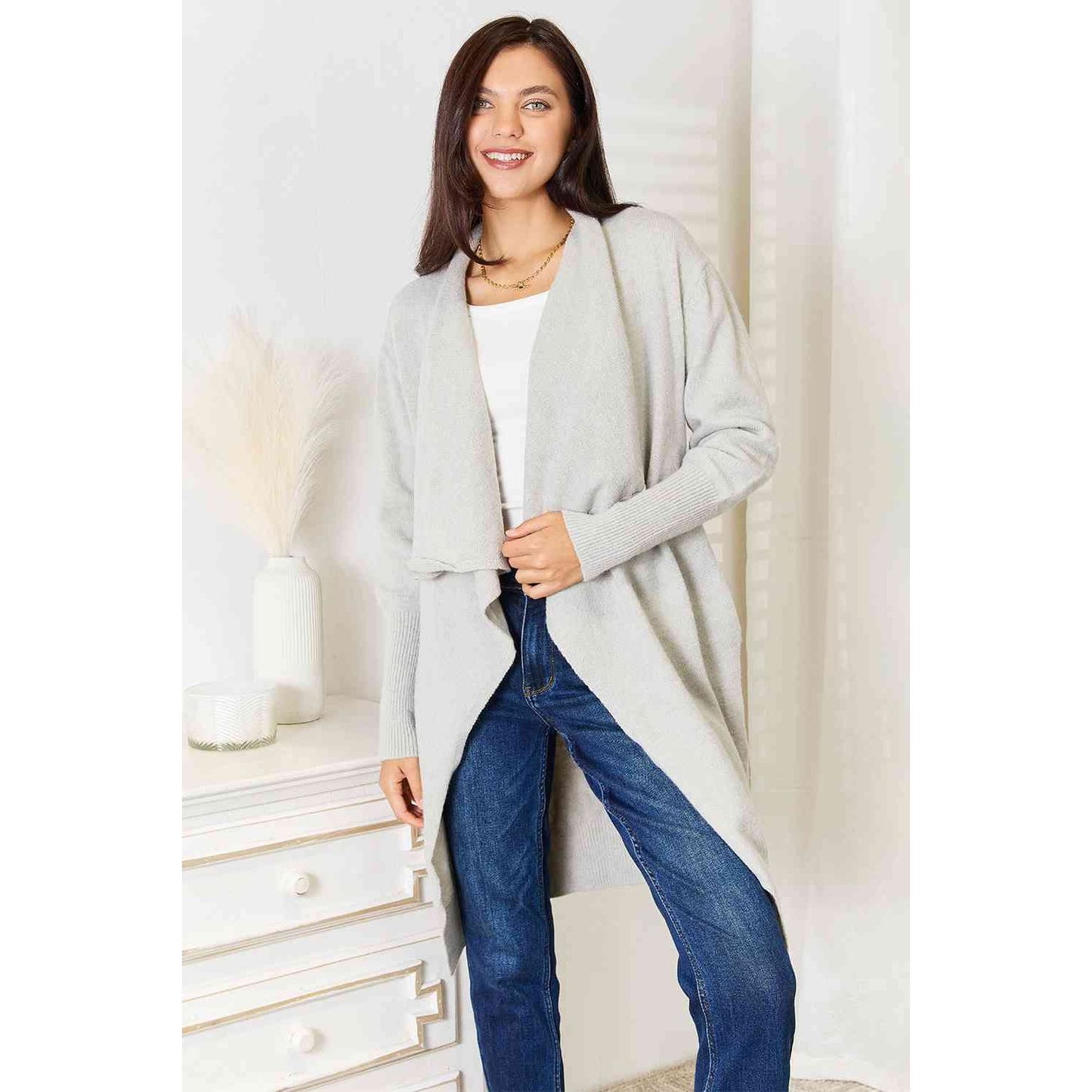 DOUBLE TAKE Light Grey Open Front Duster Cardigan with Pockets