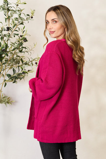 ZENANA Full Size Magenta Waffle-Knit Open Front Cardigan