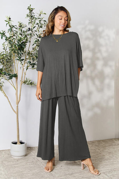 DOUBLE TAKE Full Size Round Neck Slit Top and Wide-leg Pants Lounge Set