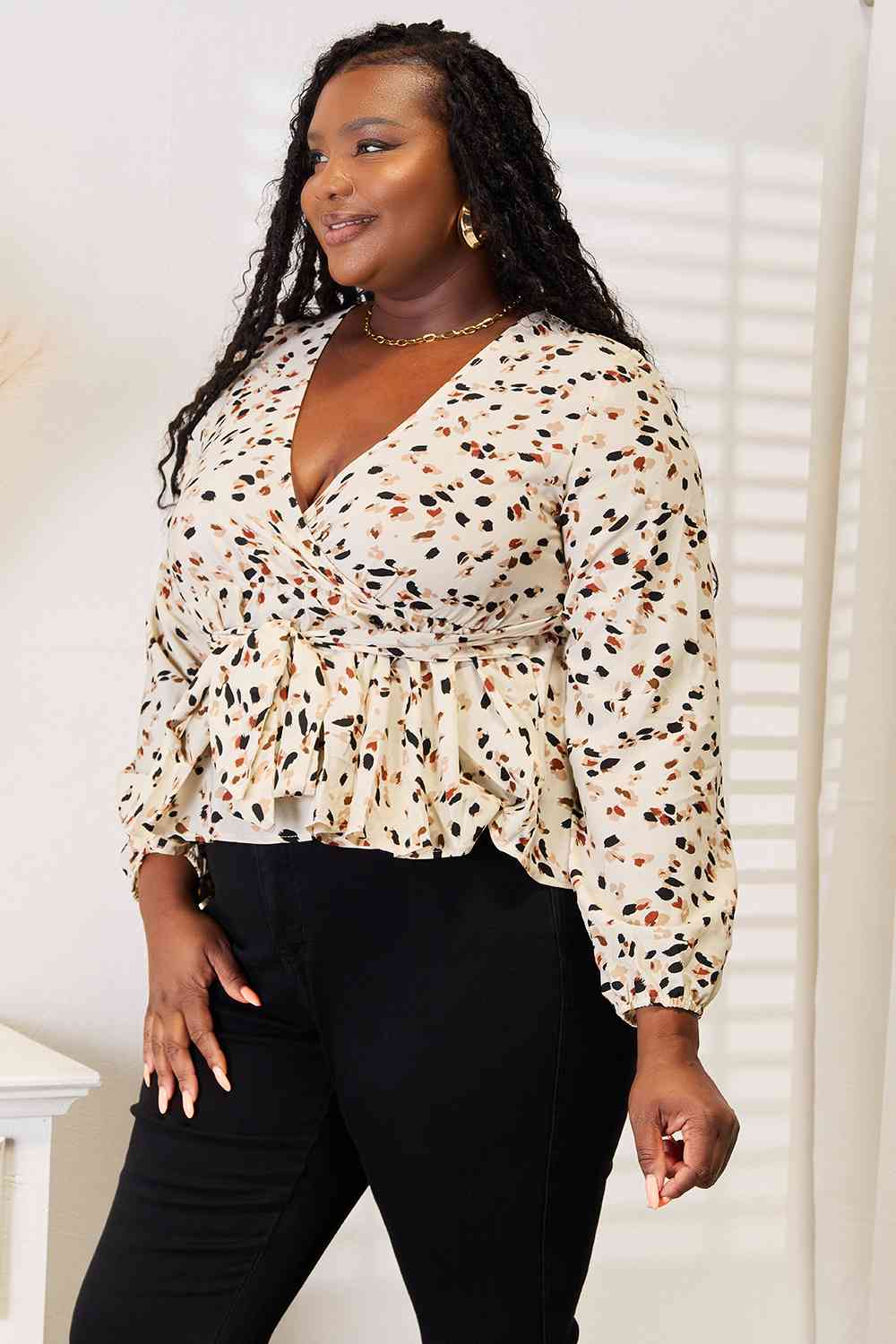 DOUBLE TAKE Printed Tied Plunge Peplum Blouse