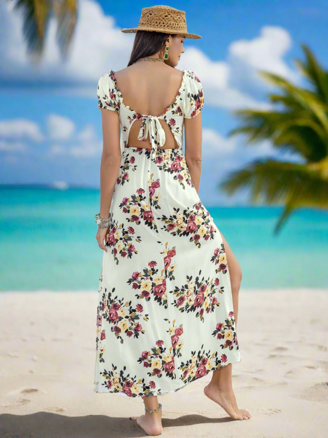 Tied Double-Spit Floral Short Sleeve Dress