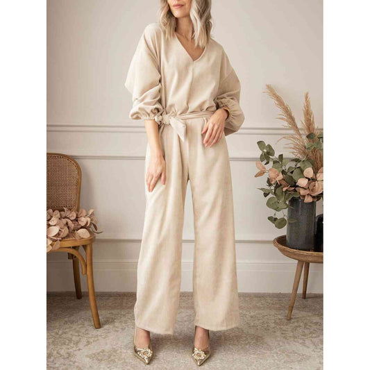 V-Neck Tie Waist Cream Wide Leg Jumpsuit