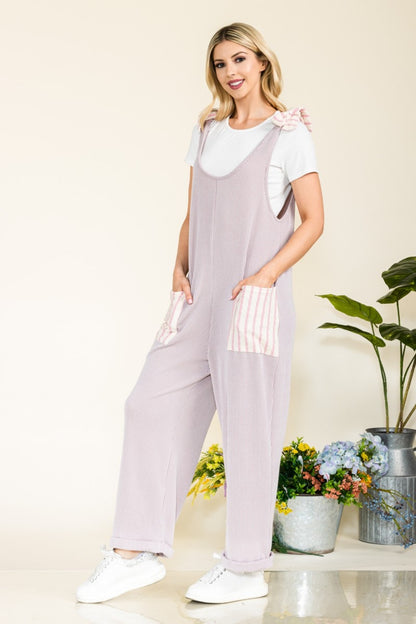 CELESTE Full Size Stripe Contrast Pocket Rib Jumpsuit