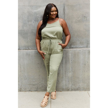 ODDI Full Size Textured Woven Jumpsuit in Sage