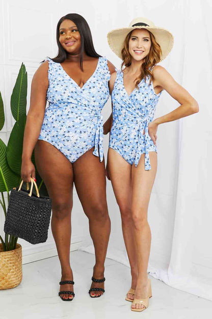 MARINA WEST SWIM Full Size Float On Ruffle Faux Wrap One-Piece in Blossom Blue