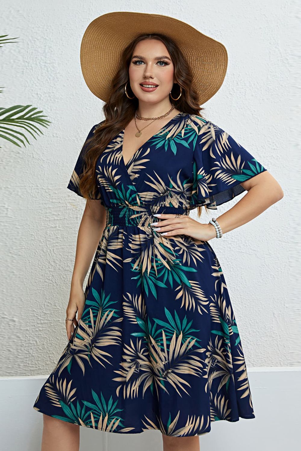 Plus-size Botanical Print Flutter Sleeve Smocked Waist Dress