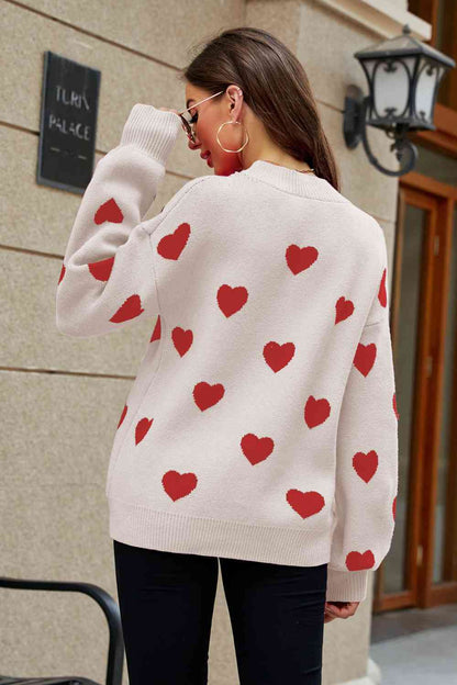 WOVEN RIGHT Heart Pattern Lantern Sleeve Round Neck Tunic Sweater