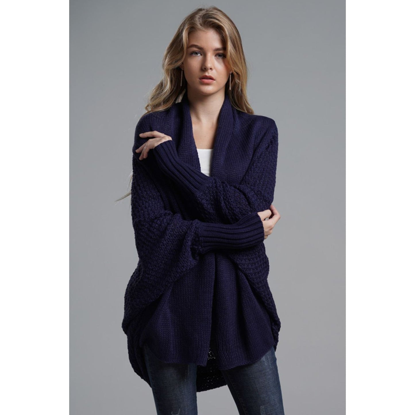 DOUBLE TAKE  Dolman Sleeve Open Front Ribbed Trim Longline Cardigan