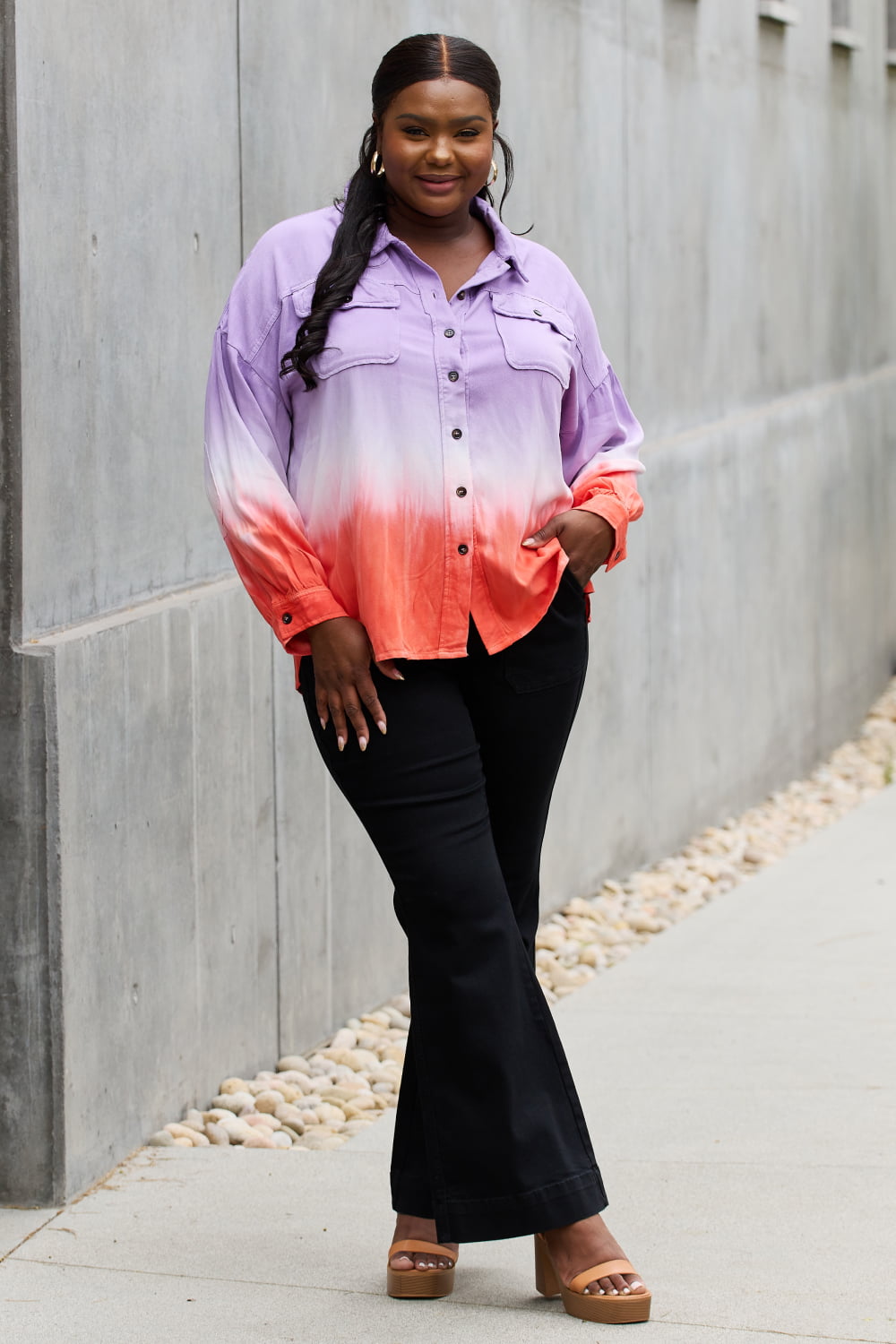 WHITE BIRCH Relaxed Fit Lavender Tie-Dye Button Down Top