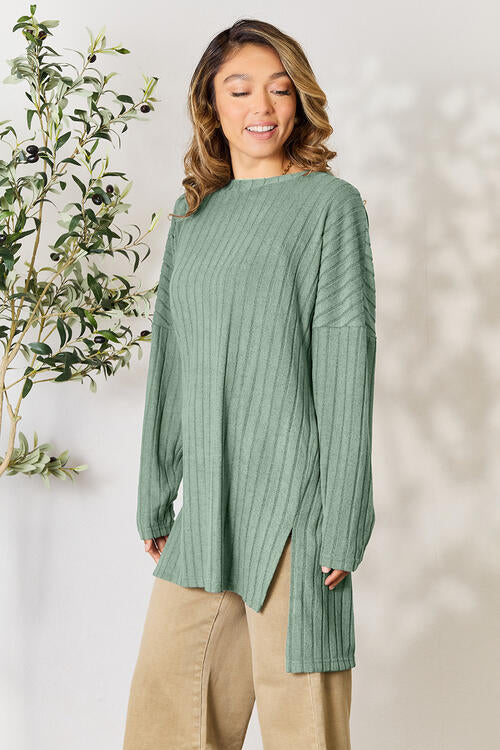 BASIC BAE Full Size Ribbed Round Neck Long Sleeve Slit Top/ S-3XL