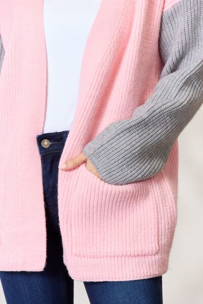 BiBi Pink/Grey Contrast Open Front Cardigan with Pockets