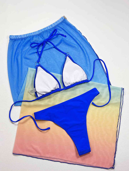 Royal Blue Gradient Halter Neck Three-Piece Swim Set