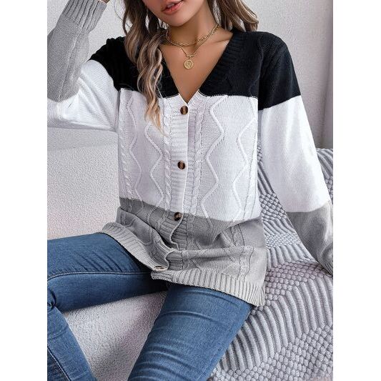 Cable-Knit Striped Button Up Cardigan Sweater