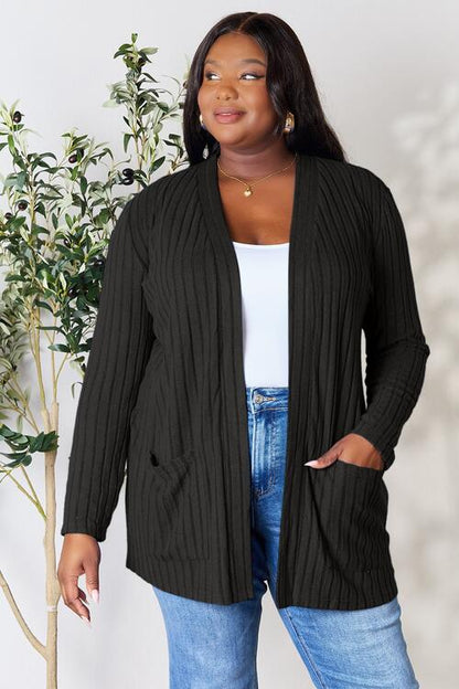 BASIC BAE Full Size Ribbed Open Front Cardigan with Pockets