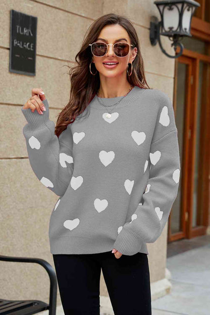 WOVEN RIGHT Heart Pattern Lantern Sleeve Round Neck Tunic Sweater