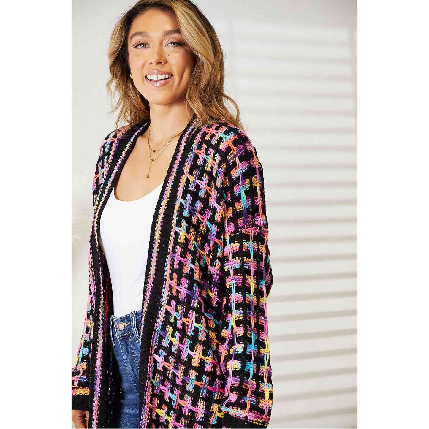 DOUBLE TAKE Full Size Multicolored Open Front Fringe Hem Cardigan