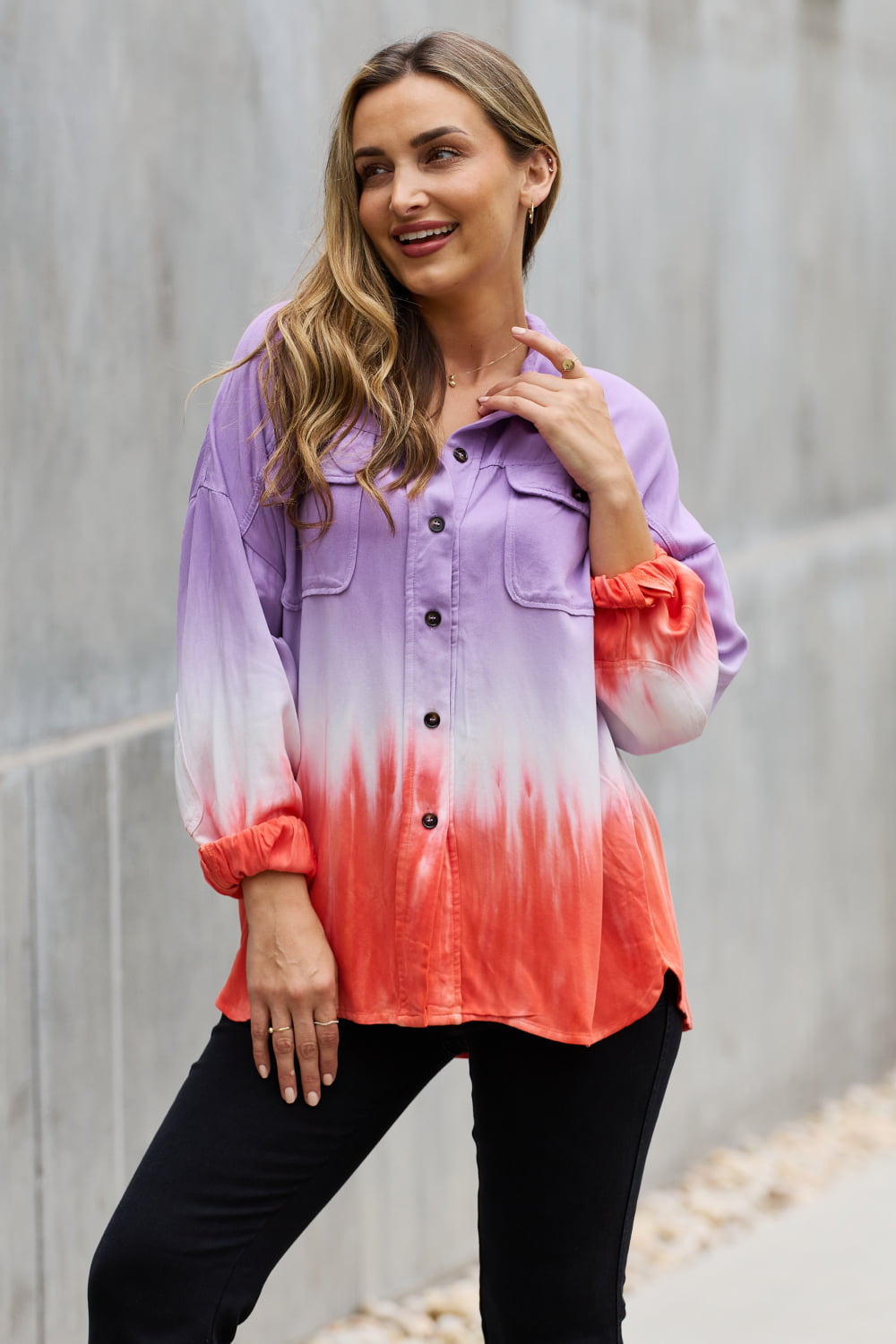 WHITE BIRCH Relaxed Fit Lavender Tie-Dye Button Down Top