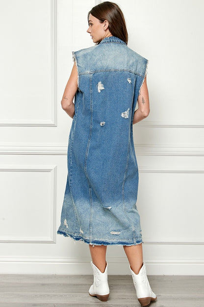 VEVERET Full Size Distressed Sleeveless Longline Denim Jacket