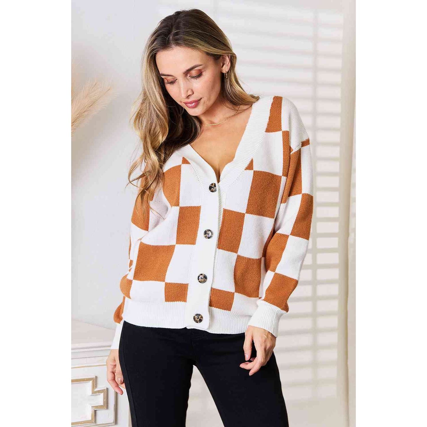 DOUBLE TAKE Button-Up V-Neck Dropped Shoulder Cardigan