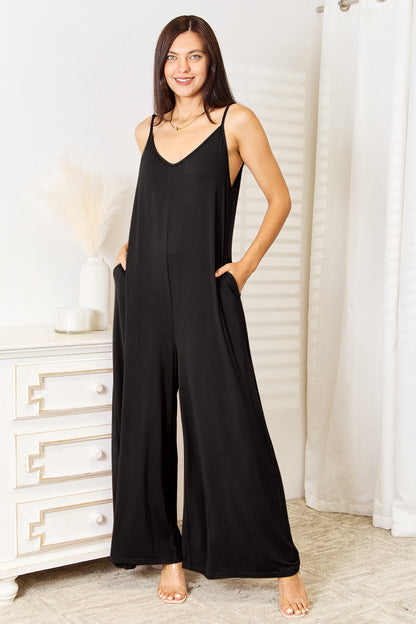 DOUBLE TAKE Full Size Soft Rayon Spaghetti Strap Tied Wide Leg Jumpsuit