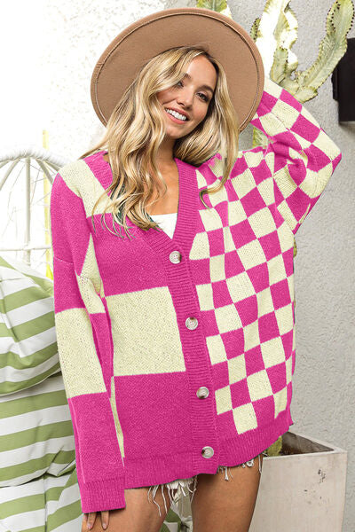 BIBI Button Up Checkered Contrast Cardigan