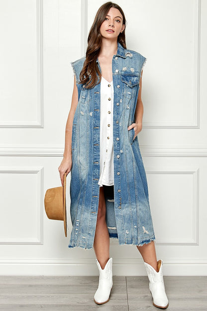 VEVERET Full Size Distressed Sleeveless Longline Denim Jacket