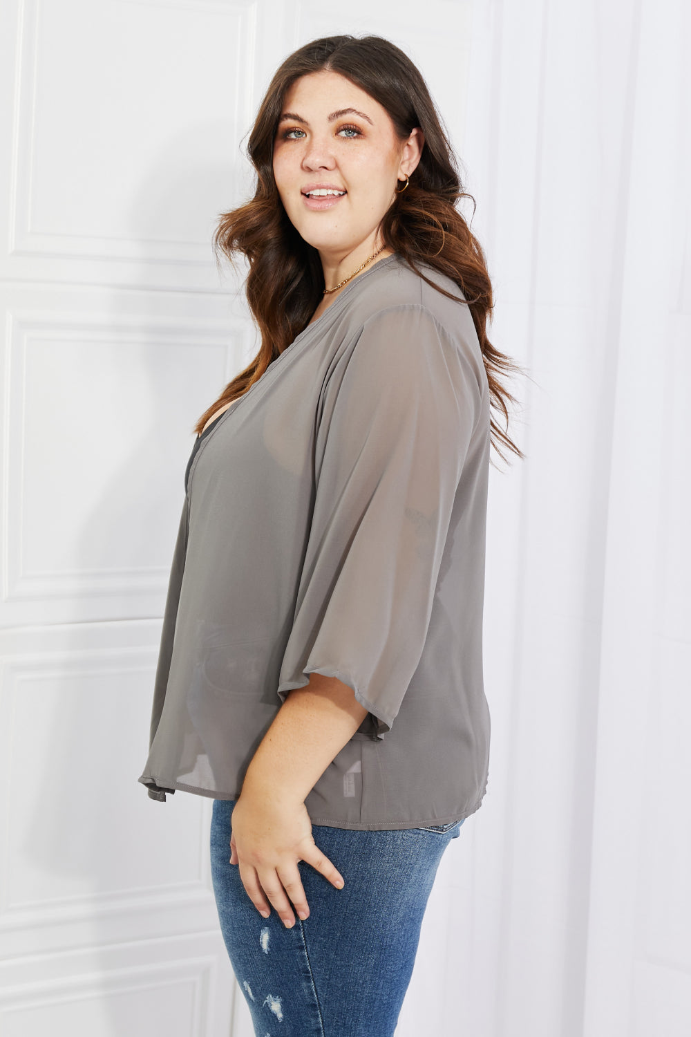 Melody Just Breathe Full Size Chiffon Kimono in Grey