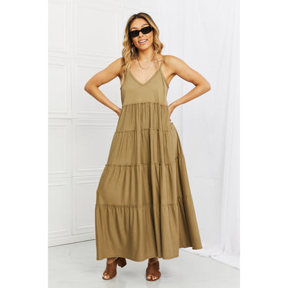 ZENANA Full Size Spaghetti Strap Tiered Dress with Pockets in Khaki