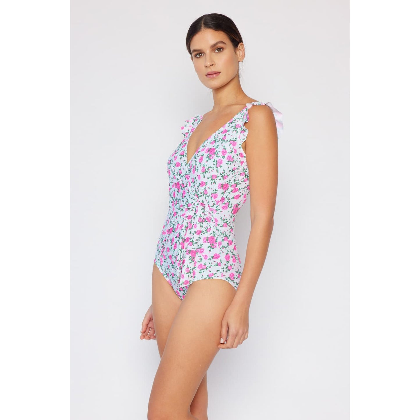 MARINA WEST SWIM Full Size Float On Ruffle Faux Wrap One-Piece in Roses Off-White