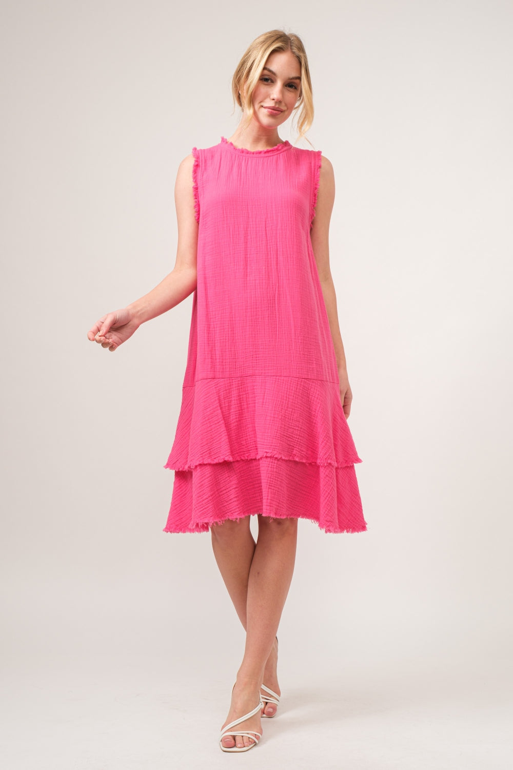 AND THE WHY Washed Fringe Detail Tiered Dress