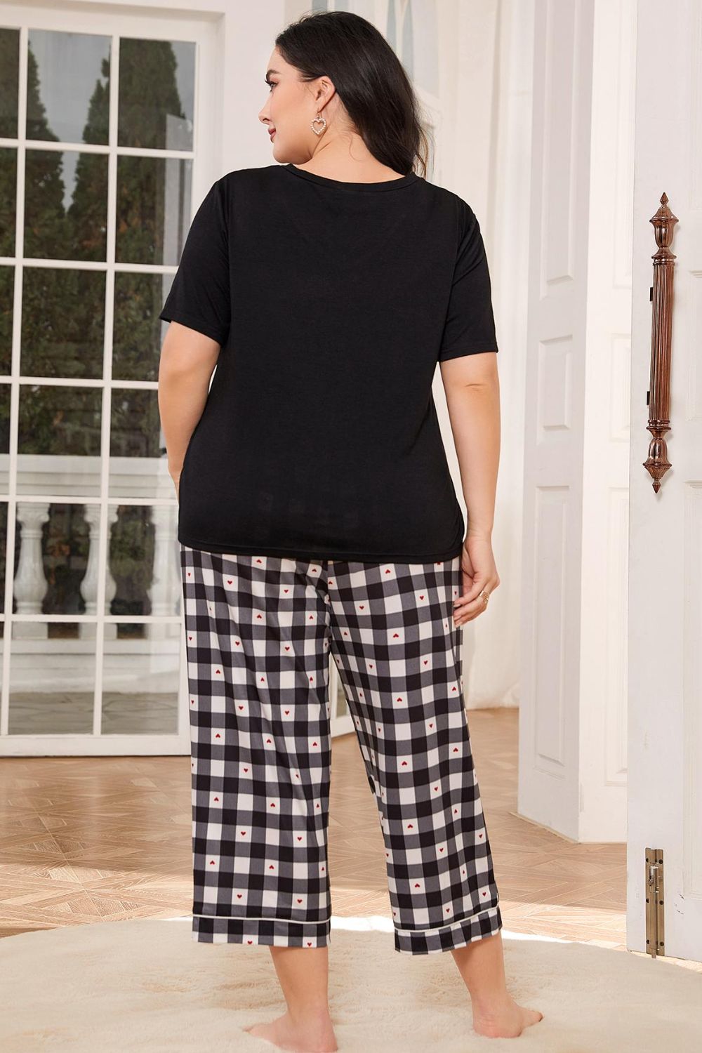 Plus-size V-Neck Tee and Plaid Cropped Pants Lounge Set