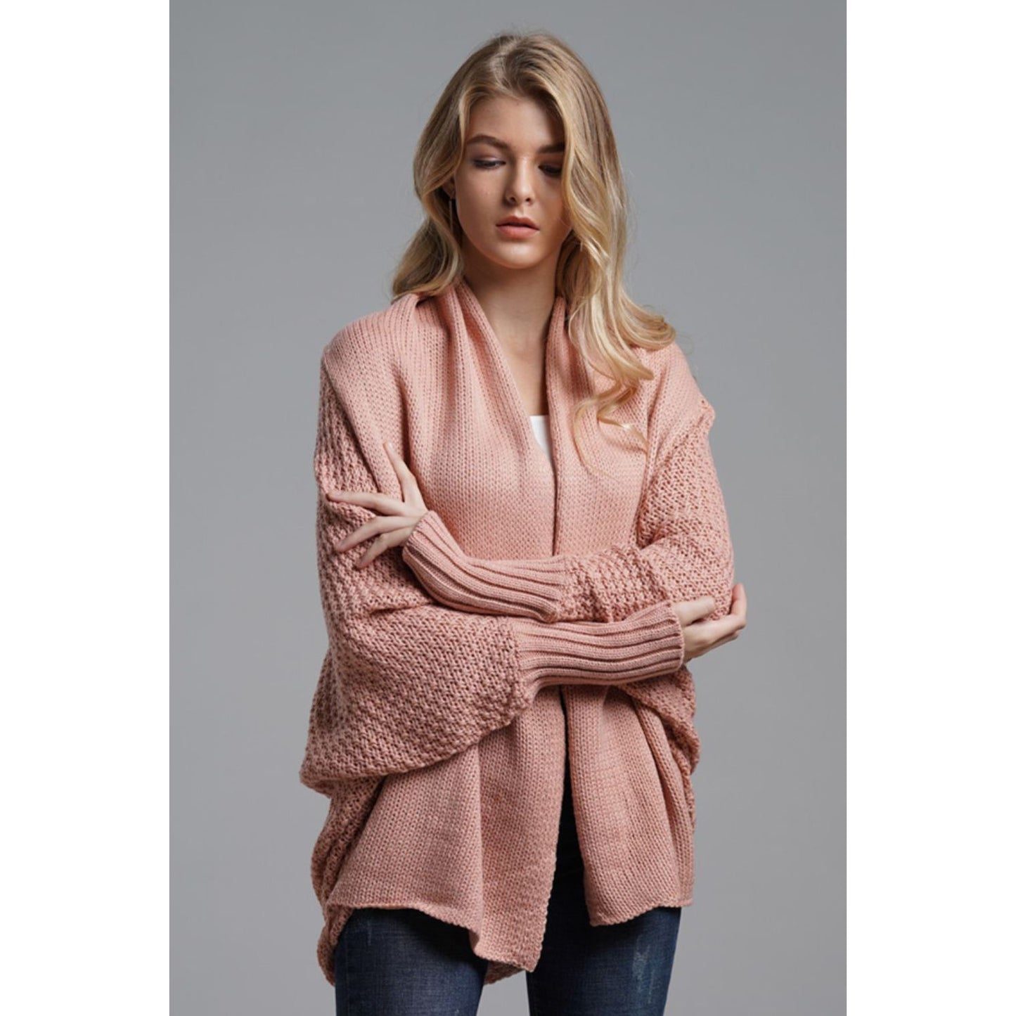 DOUBLE TAKE  Dolman Sleeve Open Front Ribbed Trim Longline Cardigan