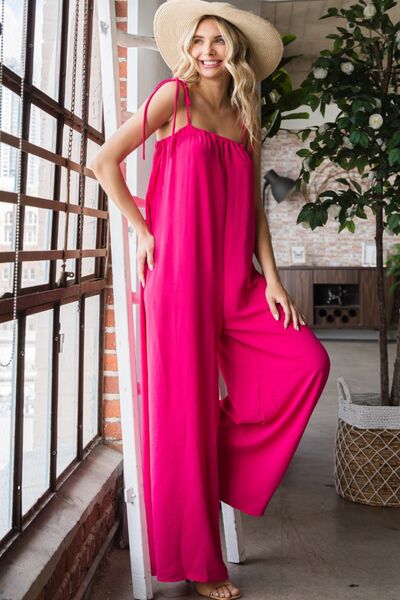 VEVERET Pocketed Spaghetti Strap Wide Leg Jumpsuit