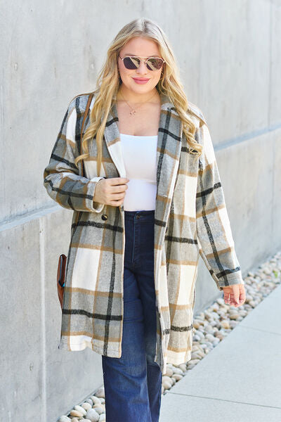 DOUBLE TAKE Full Size Plaid Button Up Lapel Collar Coat