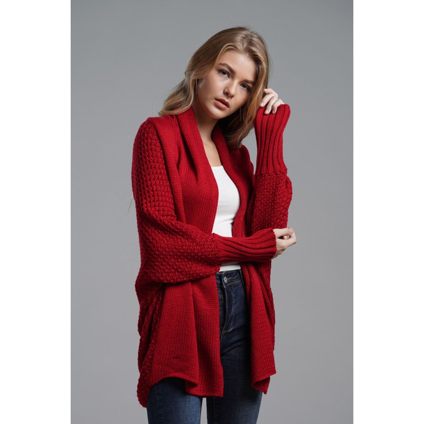 DOUBLE TAKE  Dolman Sleeve Open Front Ribbed Trim Longline Cardigan