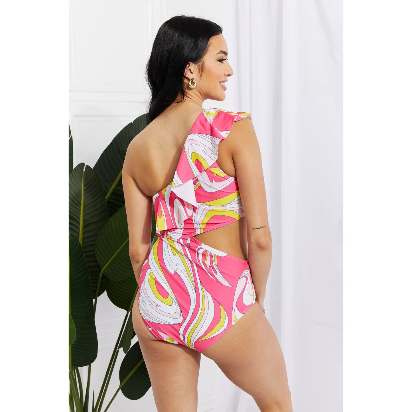 Marina West Swim Vitamin C Asymmetric Cutout Ruffle Swimsuit in Pink