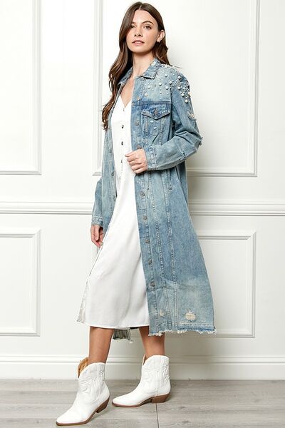 VEVERET Full Size Distressed Raw Hem Pearl Detail Button Up Jacket