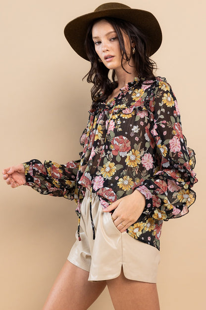 CES FEMMES Ruffle Trim Long Sleeve Floral Blouse