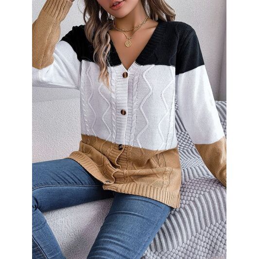 Cable-Knit Striped Button Up Cardigan Sweater