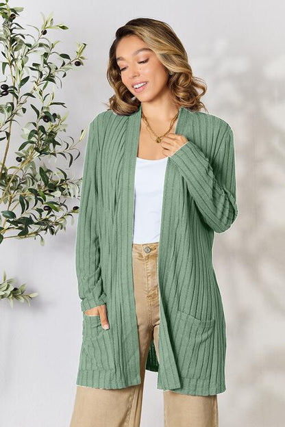 BASIC BAE Full Size Ribbed Open Front Cardigan with Pockets