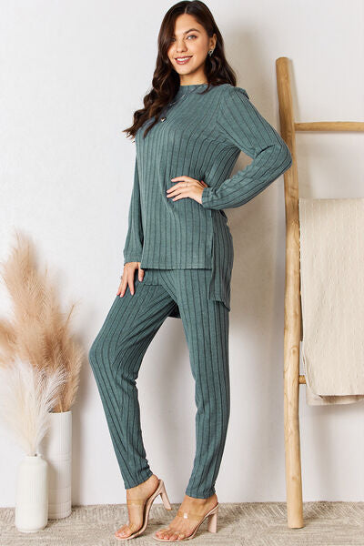 BASIC BAE Full Size Ribbed Round Neck High-Low Slit Top and Pants Set