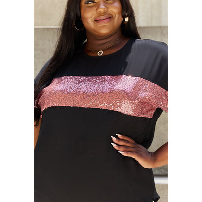 Sew In Love Shine Bright Full Size Center Mesh Sequin Top in Black/Mauve