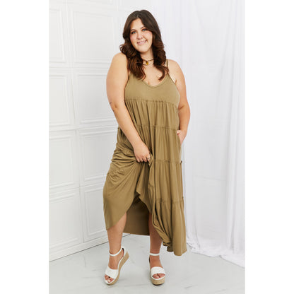 ZENANA Full Size Spaghetti Strap Tiered Dress with Pockets in Khaki