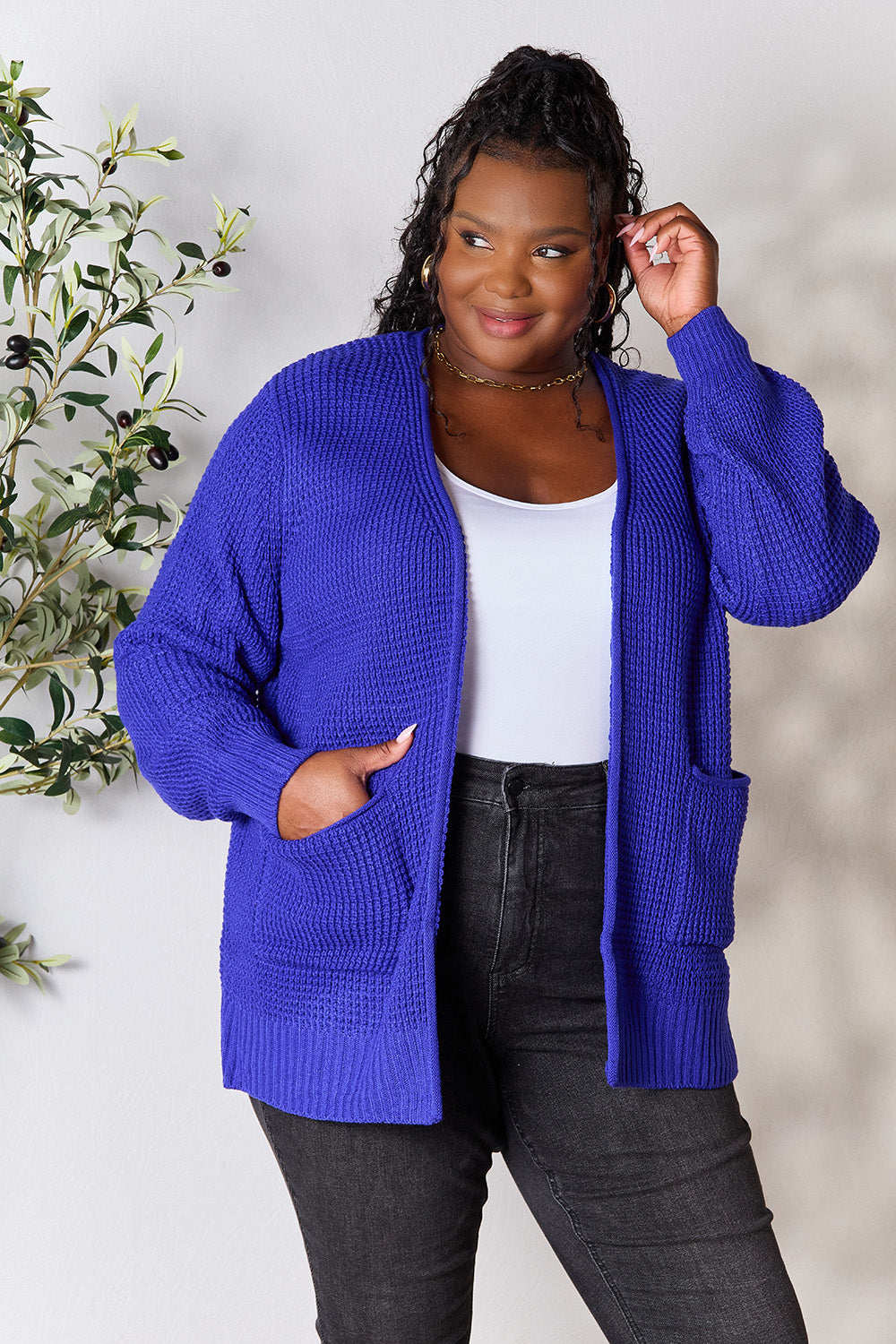 ZENANA Full Size Bright Blue Waffle-Knit Open Front Cardigan